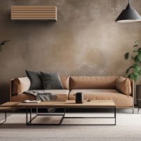 Salon avec canapé, plante et climatiseur design