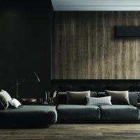 Salon avec canapé noir et climatiseur noir